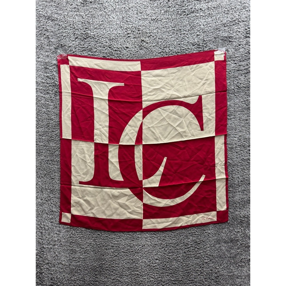 Vintage Les Copains LC Logo Monogram Printed Silk Scarf Red Cream 33" x 32.5"